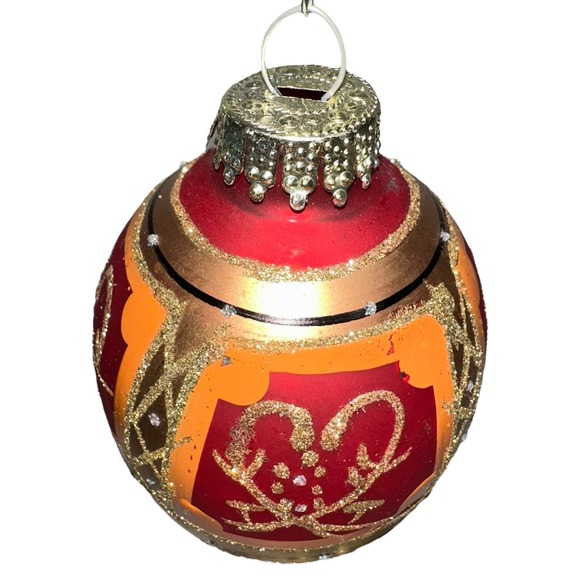 Vtg Glass Hand Painted Egg Shaped Christmas Ornament Red Gold Glitter‎ Abstract - Picture 5 of 7